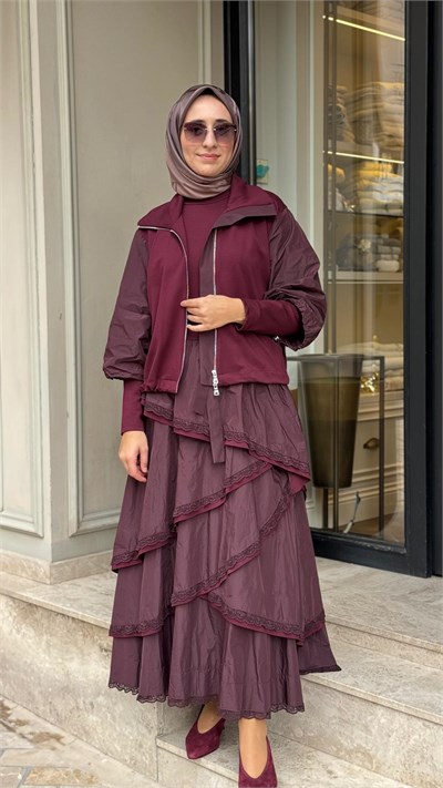 40809 Yelekli Kadın Elbise Bordo
