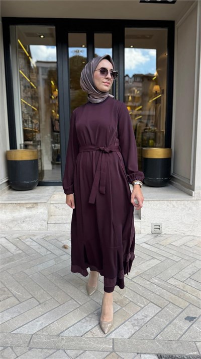 40813 Kuşaklı Kadın Elbise Bordo