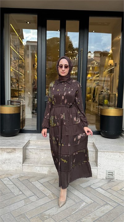 40823 Desenli Kadın Elbise Kahve