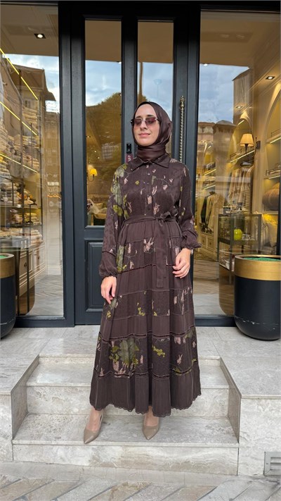 40823 Desenli Kadın Elbise Kahve