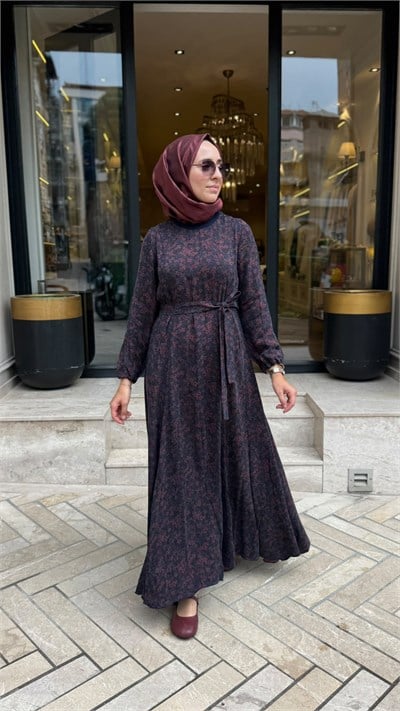 40827 Kuşaklı Kadın Elbise Bordo Desenli