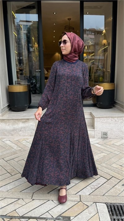 40827 Kuşaklı Kadın Elbise Bordo Desenli