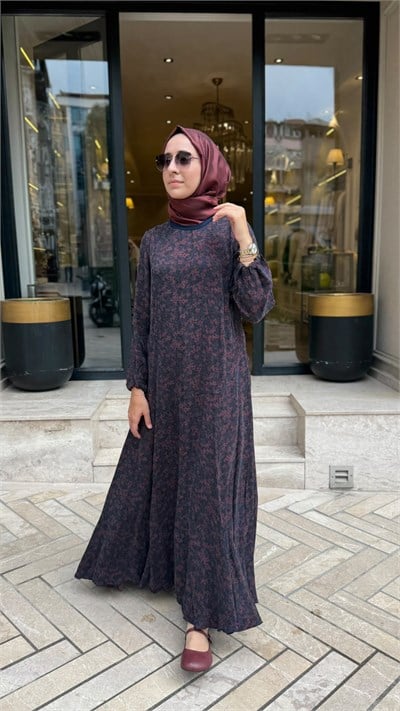 40827 Kuşaklı Kadın Elbise Bordo Desenli