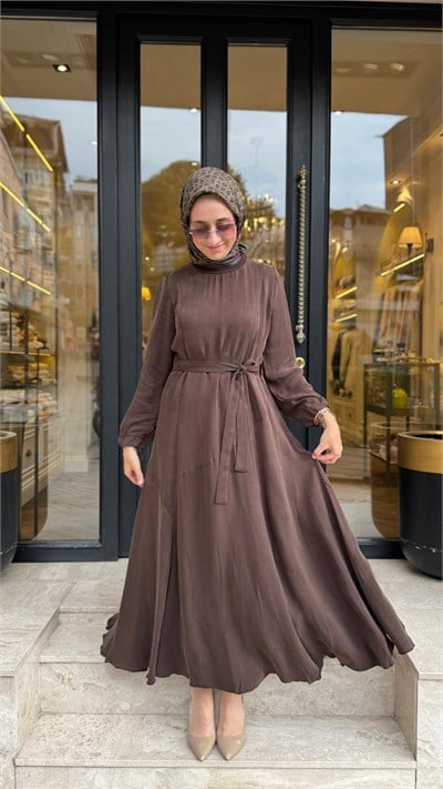 40827 Kuşaklı Kadın Elbise Kahve