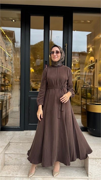 40827 Kuşaklı Kadın Elbise Kahve