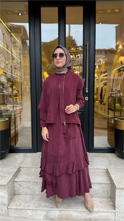40837 Yelekli Kadın Elbise Bordo