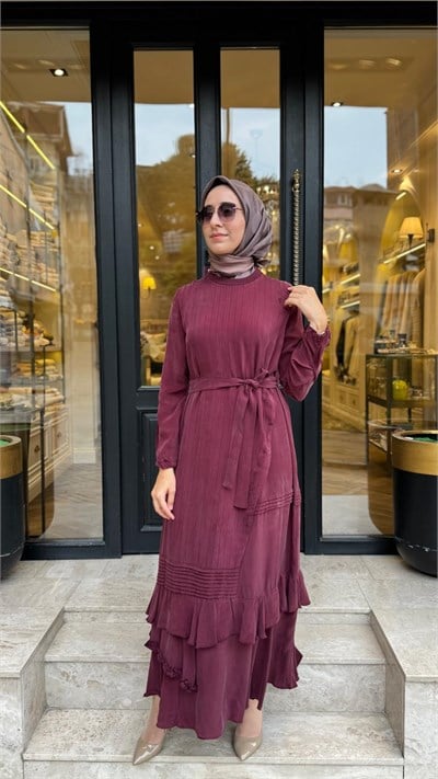 40837 Yelekli Kadın Elbise Bordo