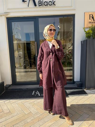 606124 Beli Lastikli Kadın Pantolon Bordo