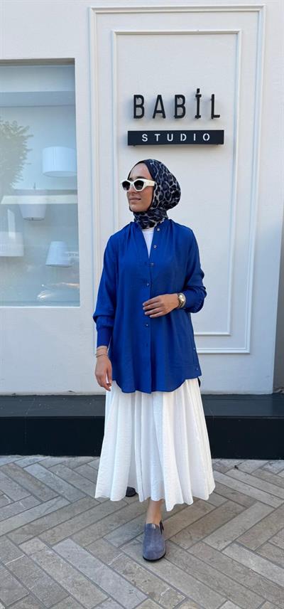 6674-M Düğmeli Kadın Gömlek Saks Mavi