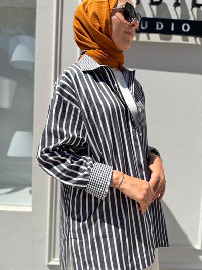 7082 Çizgili Kadın Gömlek Siyah