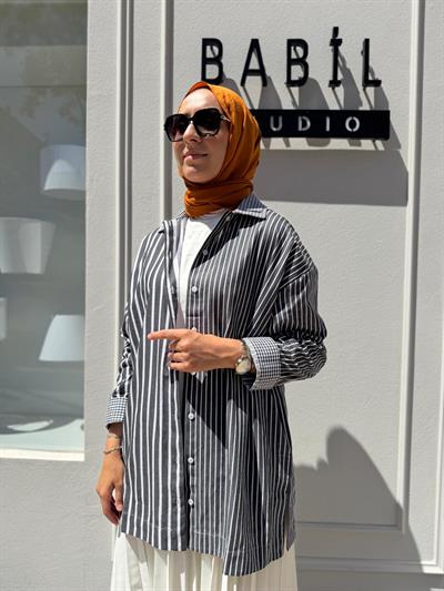 7082 Çizgili Kadın Gömlek Siyah