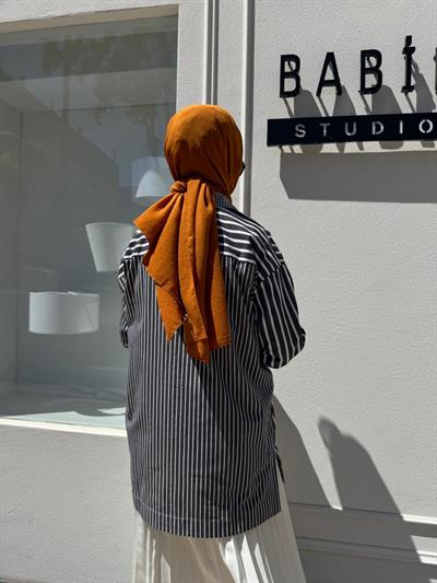 7082 Çizgili Kadın Gömlek Siyah