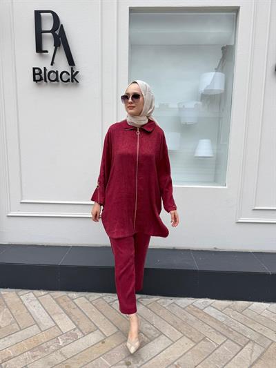 7135 Kol Detaylı  Kadın Takım Bordo