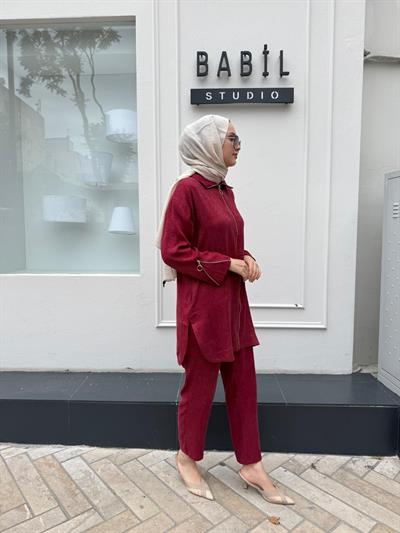 7135 Kol Detaylı  Kadın Takım Bordo