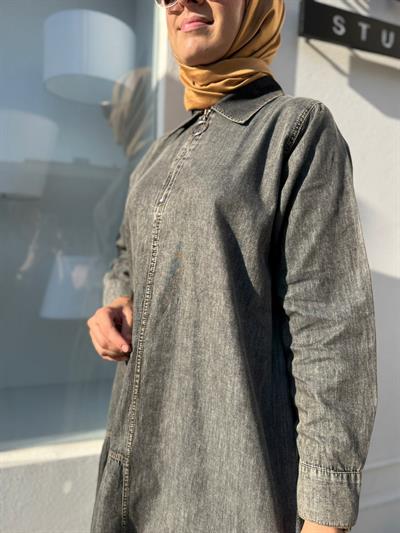 7162 Fermuarlı Kot Görünümlü Kadın Elbise Siyah