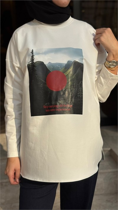 ALL-1009 Baskılı Kadın Sweat Ekru