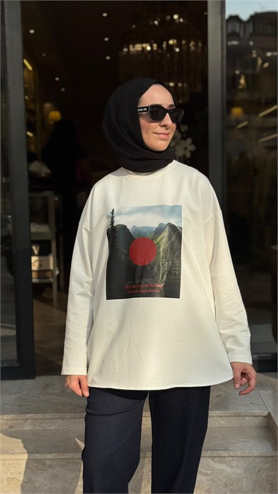 ALL-1009 Baskılı Kadın Sweat Ekru