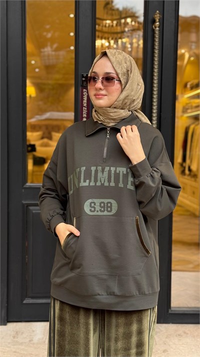 ALL-3011 Kadife Detay Kadın Takım Haki Yeşil