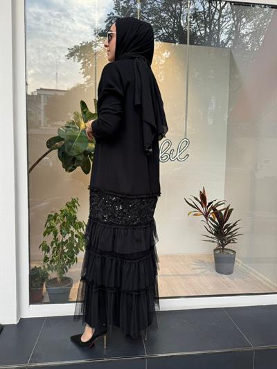 Altı Kat Kat Tül Detay İkili Abaya Elbise Siyah
