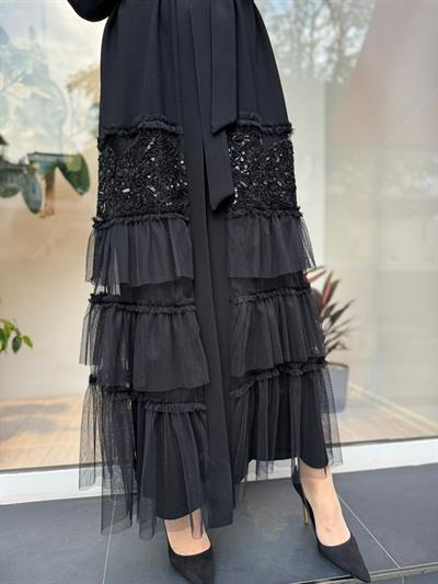 Altı Kat Kat Tül Detay İkili Abaya Elbise Siyah