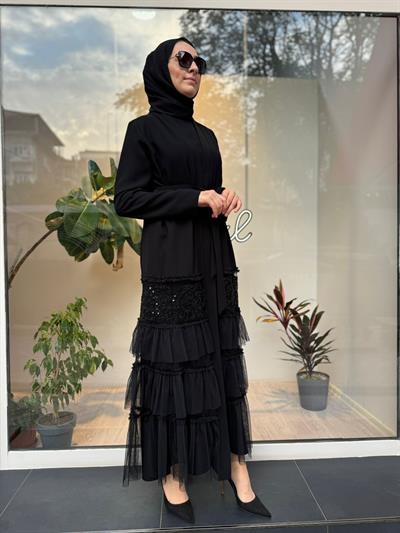 Altı Kat Kat Tül Detay İkili Abaya Elbise Siyah