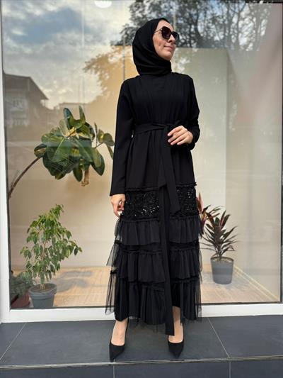 Altı Kat Kat Tül Detay İkili Abaya Elbise Siyah