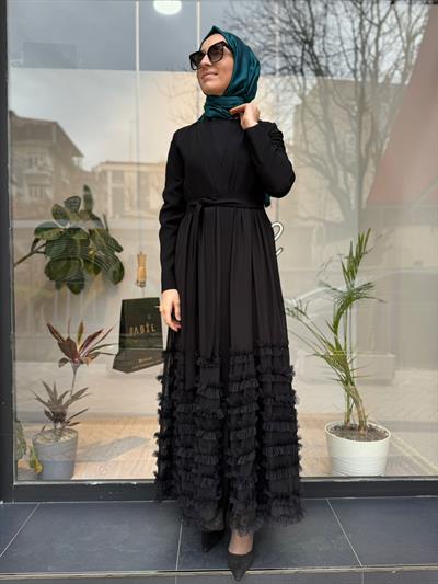 Altı Tül Detaylı Kadın İkili Abaya Elbise Siyah