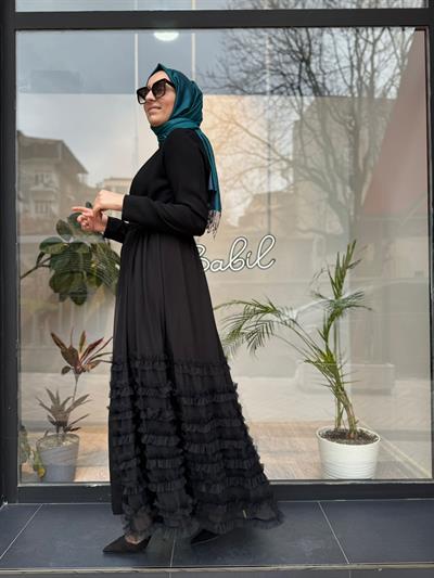 Altı Tül Detaylı Kadın İkili Abaya Elbise Siyah