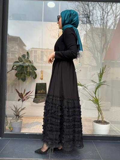 Altı Tül Detaylı Kadın İkili Abaya Elbise Siyah