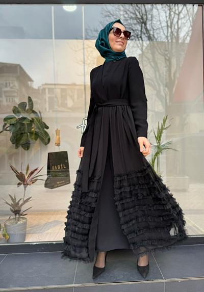Altı Tül Detaylı Kadın İkili Abaya Elbise Siyah