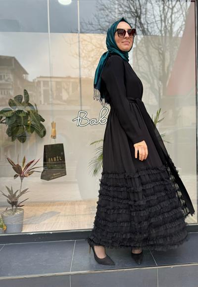 Altı Tül Detaylı Kadın İkili Abaya Elbise Siyah