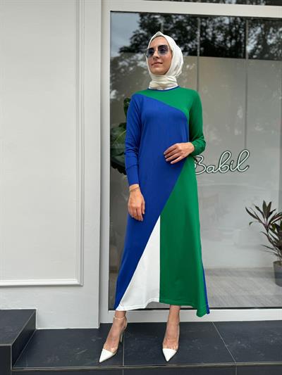 Asimetrik Desenli Kadın Triko Elbise Saks Mavi