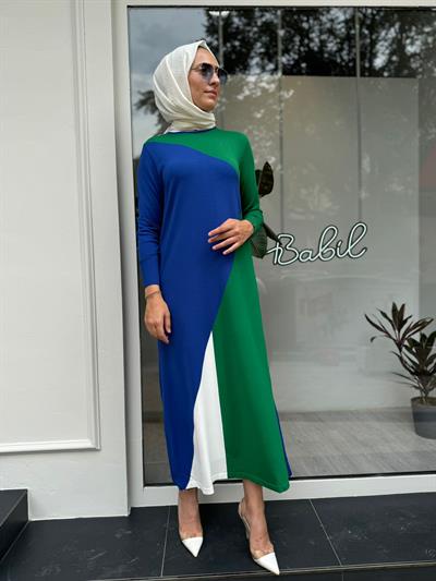 Asimetrik Desenli Kadın Triko Elbise Saks Mavi