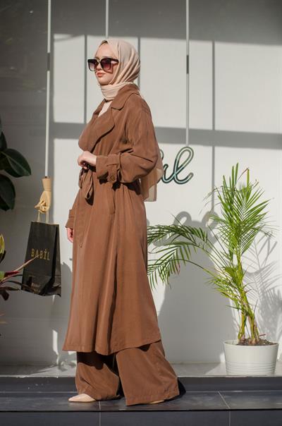 Bağlama Detaylı Kadın Trençkot Kahve