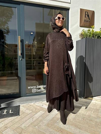 Bağlama Detaylı Pantolonlu Kadın Takım Kahve