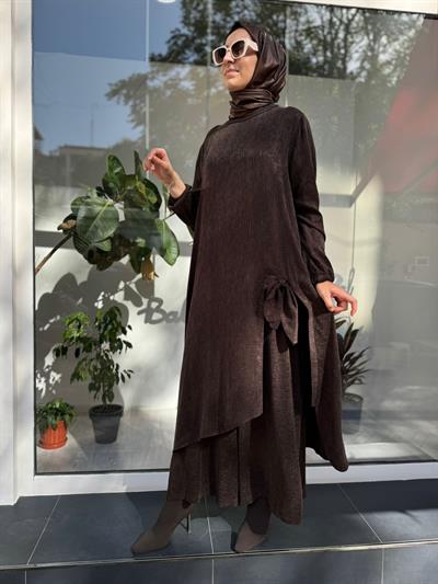 Bağlama Detaylı Pantolonlu Kadın Takım Kahve