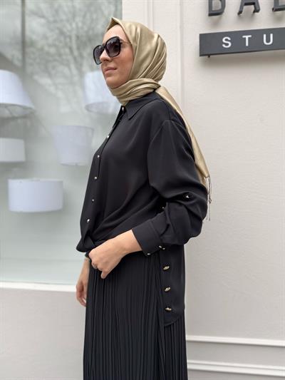 Bağlama Düğmeli Soft Kadın Gömlek Siyah