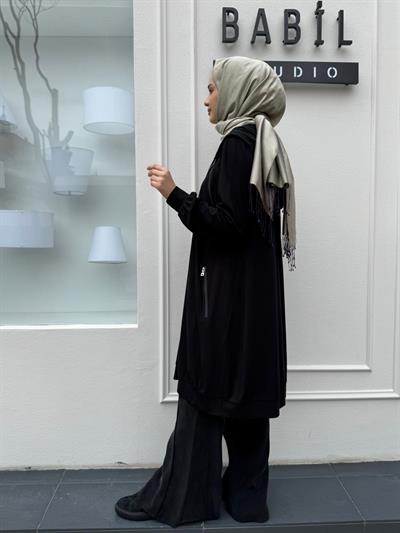 Bambu Kapüşonlu Kadın Kap Siyah