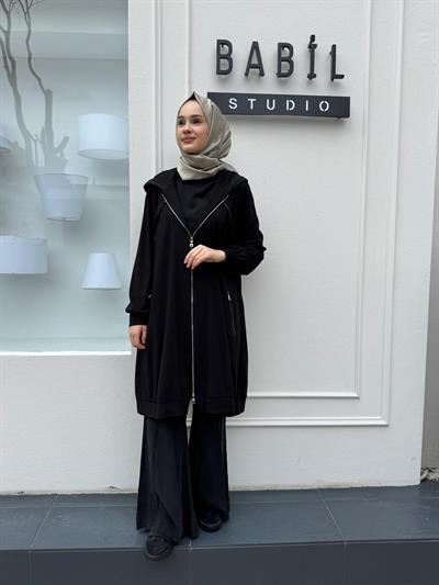 Bambu Kapüşonlu Kadın Kap Siyah