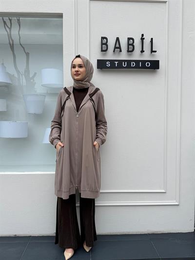 Bambu Kapüşonlu Kadın Kap Vizon