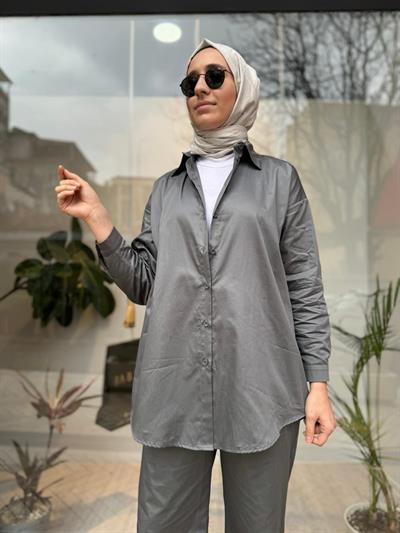Baz Kadın Poplin Pantolonlu Takım Gri