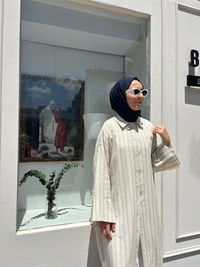 BBL02 Çizgili Kadın Gömlek Elbise EKRU-SİYAH