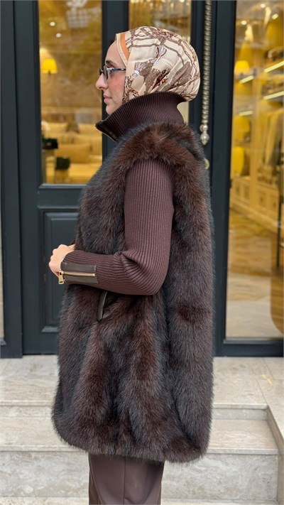 BBL13 İthal Premium Kürk Detaylı Triko Kadın Kap Kahve