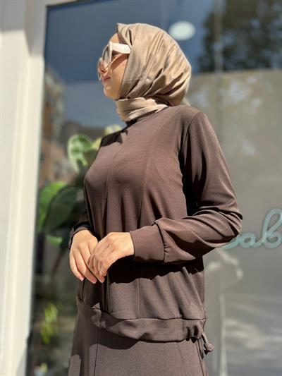 Beli Büzgülü Etekli Kadın Takım Kahve