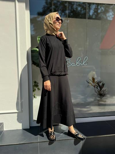 Beli Büzgülü Etekli Kadın Takım Siyah