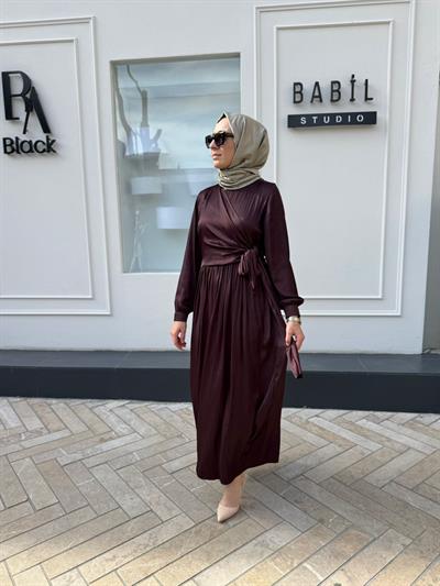 Beli Büzgülü Kadın Elbise Bordo