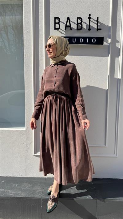 Beli Lastikli Taşlanmış Kadın Takım Kahve
