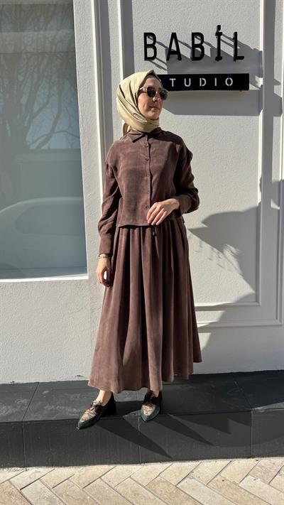 Beli Lastikli Taşlanmış Kadın Takım Kahve