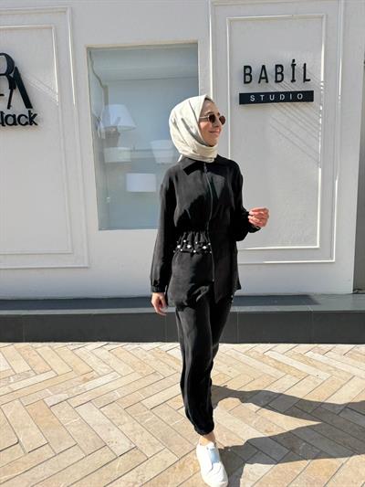 Beli Sıkmalı İncili Kadın Ceket Siyah