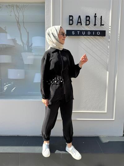 Beli Sıkmalı İncili Kadın Ceket Siyah
